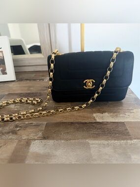 Authentic Vintage Chanel Black Satin Fabric Flap Bag Bijoux Chain l COA